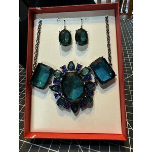 Vintage-Looking Faux Jewel Necklace & Earring Set With Blue/Green Stones & Boxed